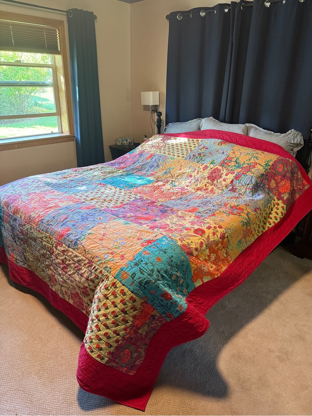 King Size Boho Floral Patchwork Kantha Quilt Blanket 106x96 - Solid Red Back